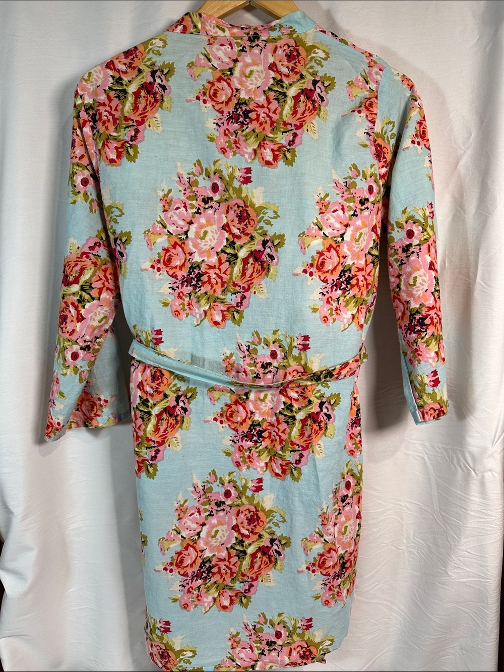 Floral Wrap Robe in Light Blue with Pink Roses - Women's Robe - Picture 5 of 5